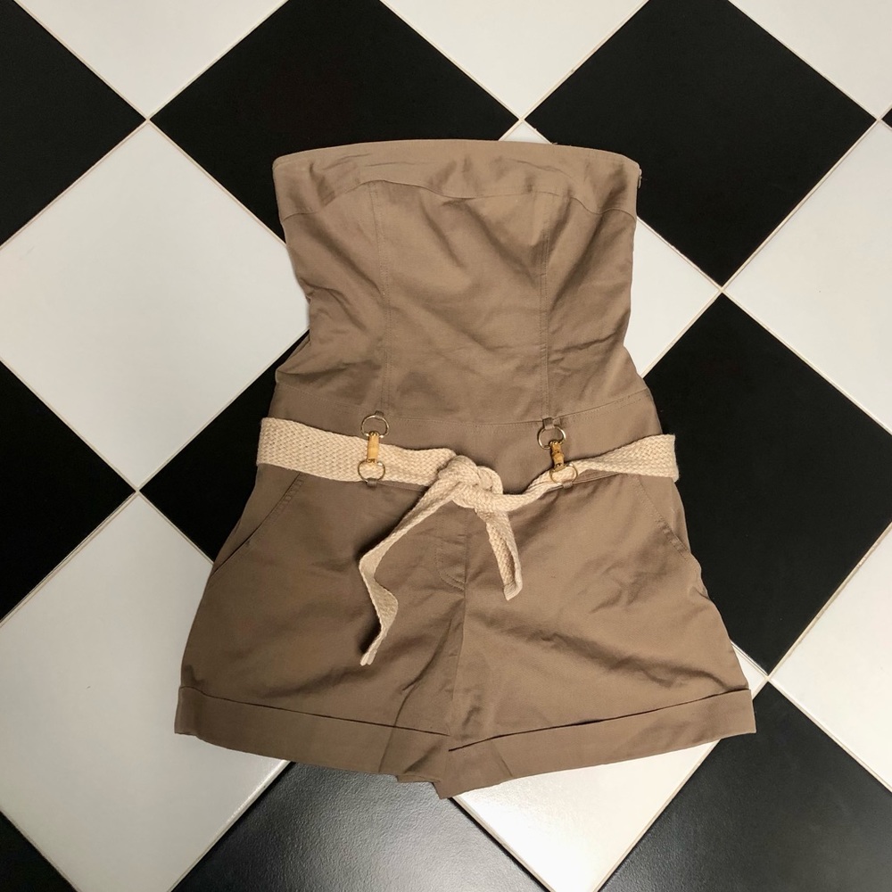 Vntg Milly of New York Strapless Romper Tube Top Bamboo Belt Olive Safari Chic 8